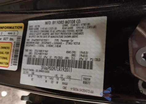 2020 Ford Fusion Titanium z USA, uszkodzony, nr VIN 3FA6P0D97LR192011